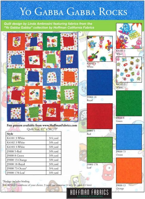 Yo Gabba Gabba Rocks Quilt Pattern Hoffman California Fabrics