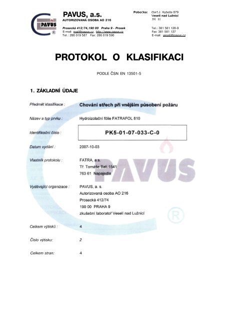 PROTOKOL O KLASIFIKACI - Fatrafol