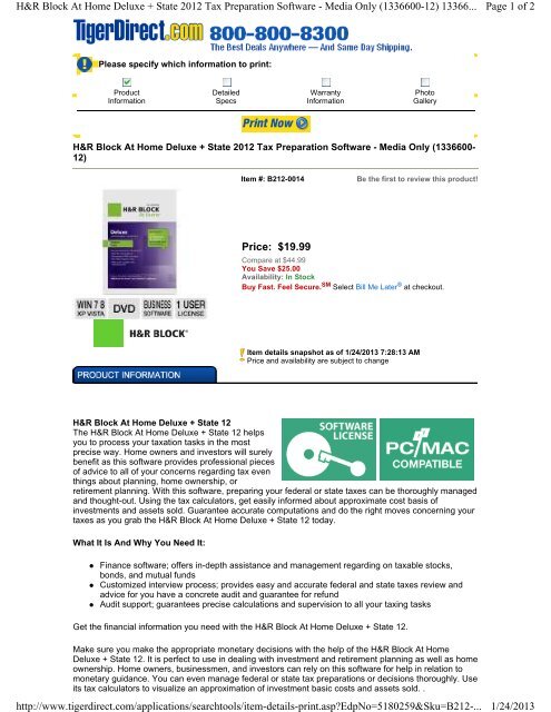 H/&R Block Tax Software ~ 2012 Deluxe Homeowners Investors
