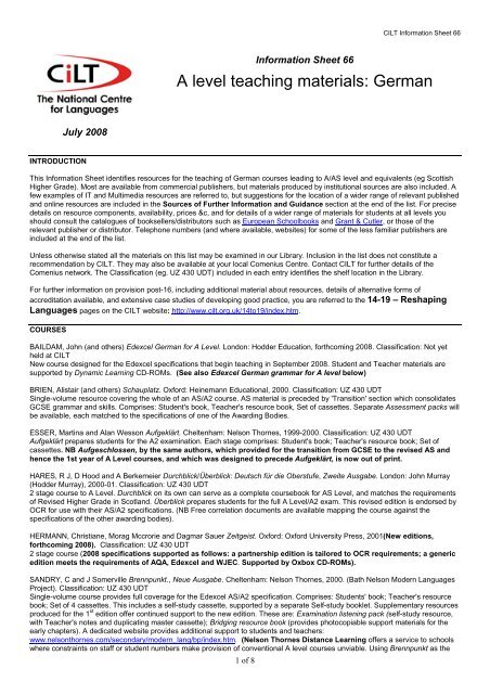 A level teaching materials: German - CILT, the National Centre for ...