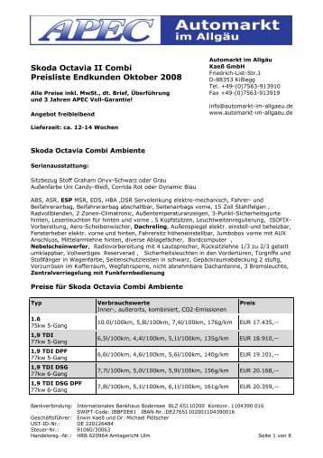 Skoda Octavia II Combi Preisliste Endkunden Oktober 2008