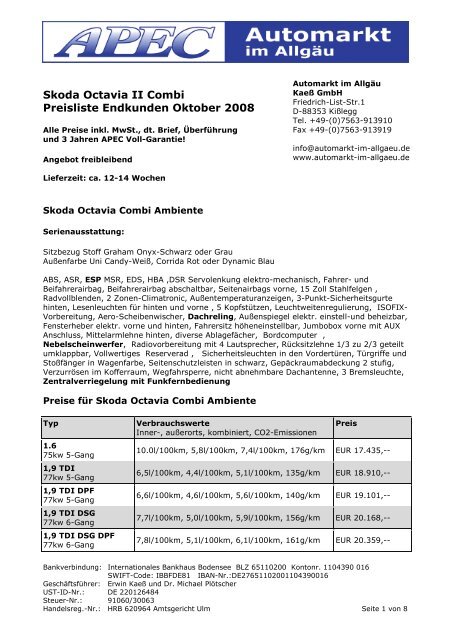 Skoda Octavia II Combi Preisliste Endkunden Oktober 2008