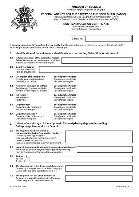 NON MANIPULATION CERTIFICATE Certif nr Favv NON MANIPULATION CERTIFICATE Certif nr Favv