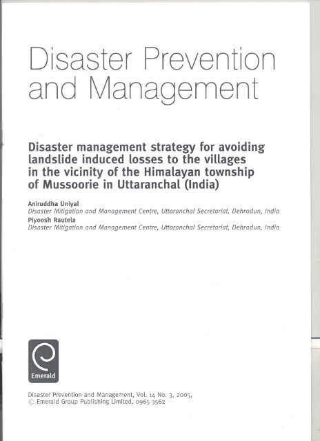 Disaster management strategy for avoiding landslide induced losses to the villages in the vicinity of the Himalayan township of Mussoorie in Uttaranchal (India)