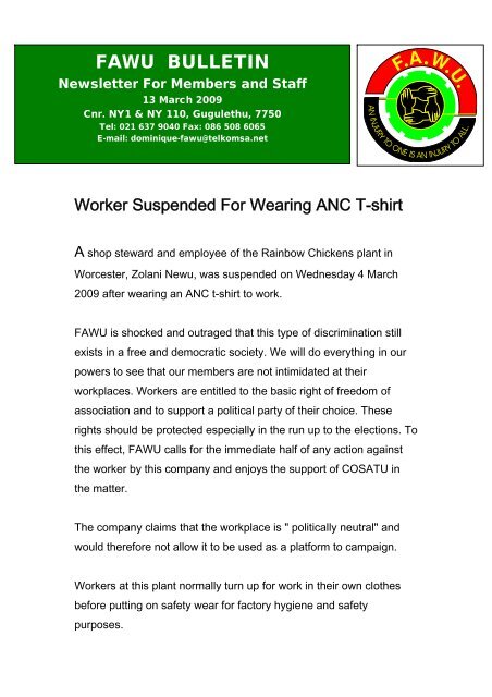 FAWU Bulletin, 13 March 2009 - Food and Allied Workers Union