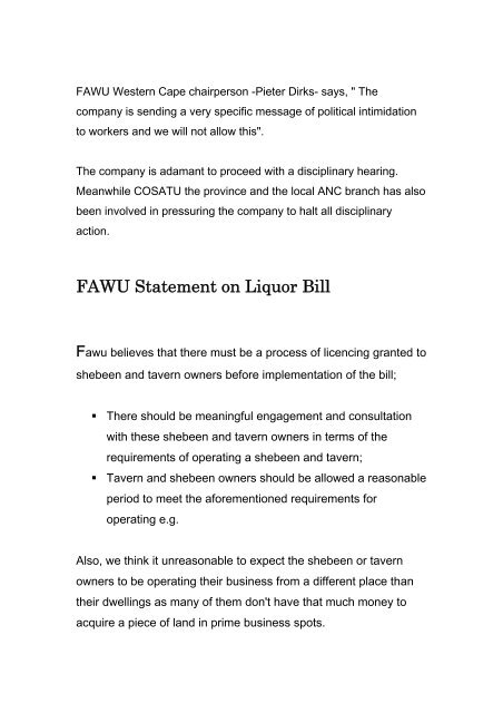 FAWU Bulletin, 13 March 2009 - Food and Allied Workers Union