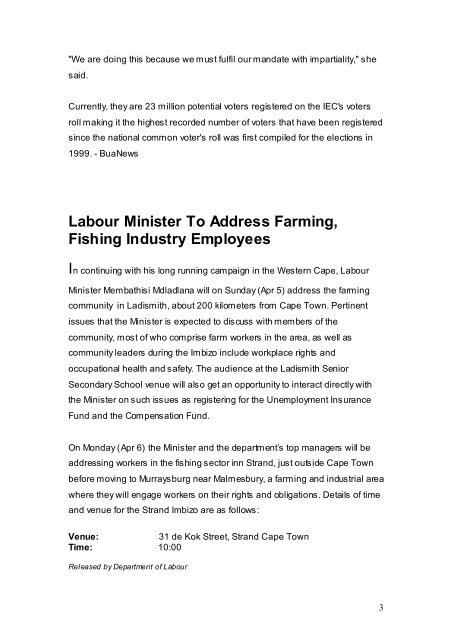 FAWU Bulletin, 3 April 2009 - Food and Allied Workers Union