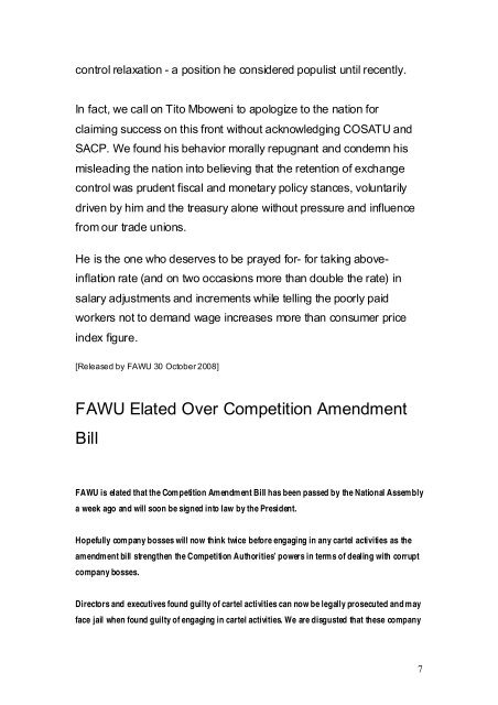 FAWU Bulletin, 7 November 2008 - Food and Allied Workers Union