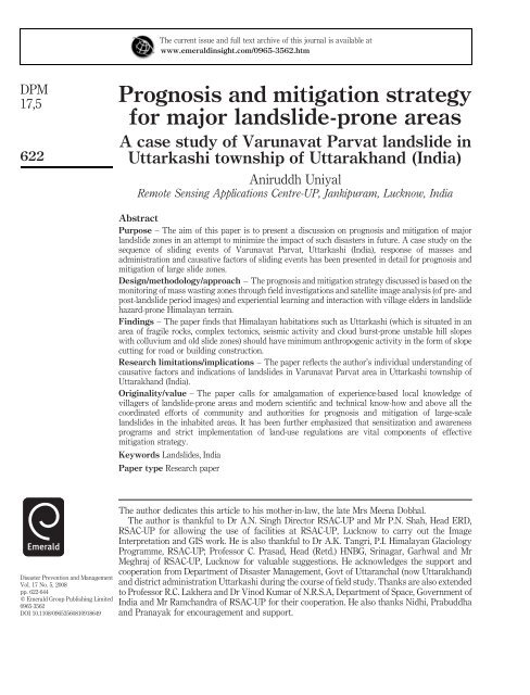 Prognosis and mitigation strategy for major landslide-prone areas Varunavat Parvat landslide in Uttarkashi