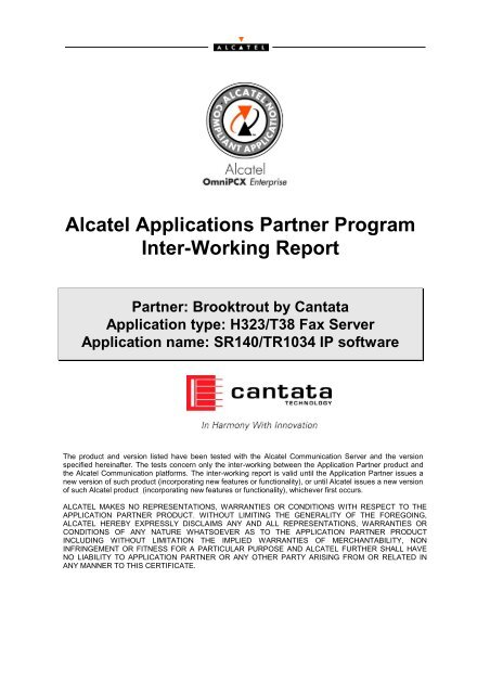 Alcatel Applications Partner Program Inter-Working Report Partner