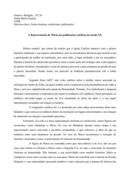 Gênero e Religião – ST 24 Nadia Maria Guariza ... - Fazendo Gênero