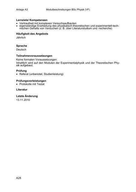 Anlage A3: Modulbeschreibungen BSc Physik VF - Fachbereich ...