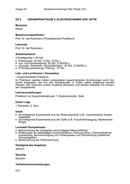 Anlage A3: Modulbeschreibungen BSc Physik VF - Fachbereich ...