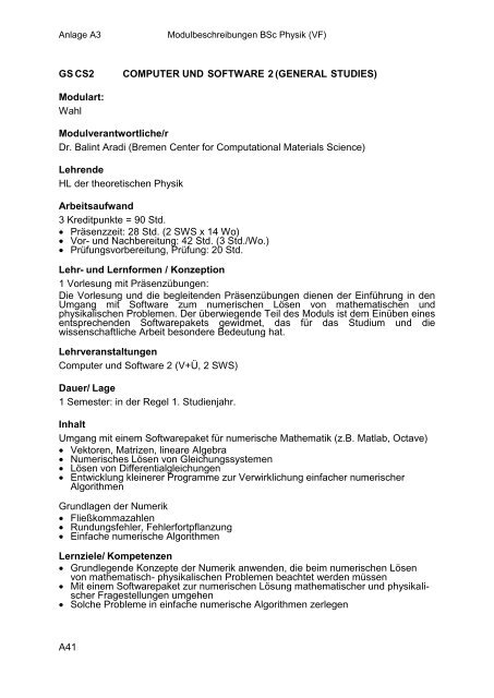 Anlage A3: Modulbeschreibungen BSc Physik VF - Fachbereich ...