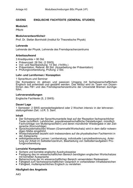 Anlage A3: Modulbeschreibungen BSc Physik VF - Fachbereich ...