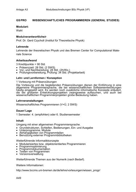 Anlage A3: Modulbeschreibungen BSc Physik VF - Fachbereich ...