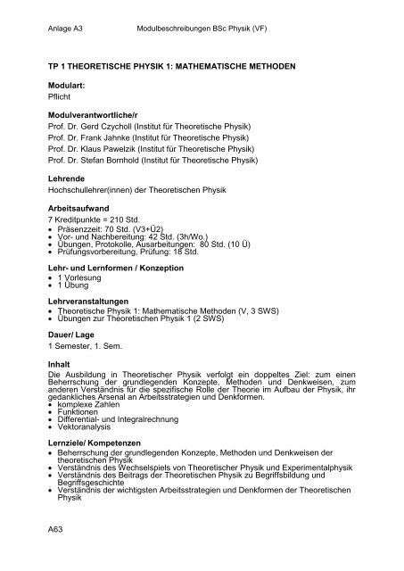 Anlage A3: Modulbeschreibungen BSc Physik VF - Fachbereich ...