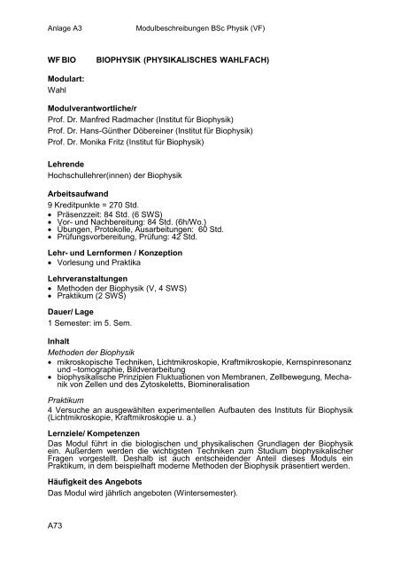 Anlage A3: Modulbeschreibungen BSc Physik VF - Fachbereich ...