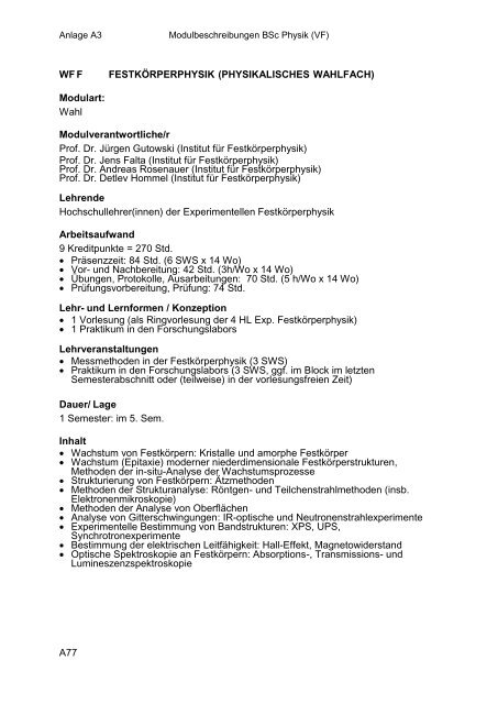 Anlage A3: Modulbeschreibungen BSc Physik VF - Fachbereich ...