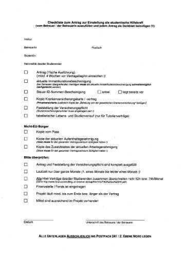 Checkliste zum Antrag zur Einstellung als studentische Hilfskraft