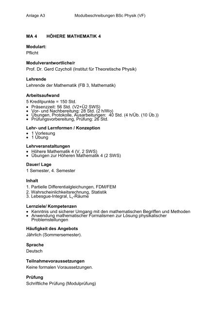 Anlage A3: Modulbeschreibungen BSc Physik VF - Fachbereich ...