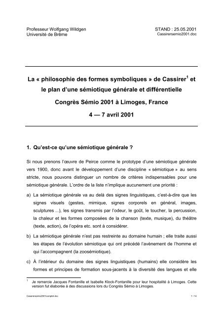 La « philosophie des formes symboliques » de Cassirer et le plan d ...