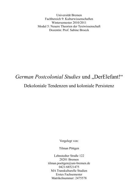 German Postcolonial Studies und - Fachbereich 10 - Universität ...
