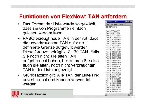 Funktionen von FlexNow: TAN anfordern - Universität Bremen