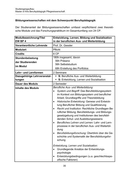 Modulhandbuch Master Berufspädagogik Pflegewissenschaft