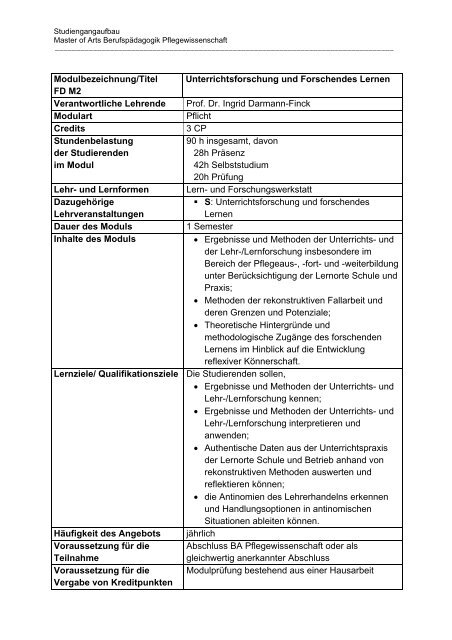 Modulbeschreibungen Master Berufspädagogik Pflegewissenschaft