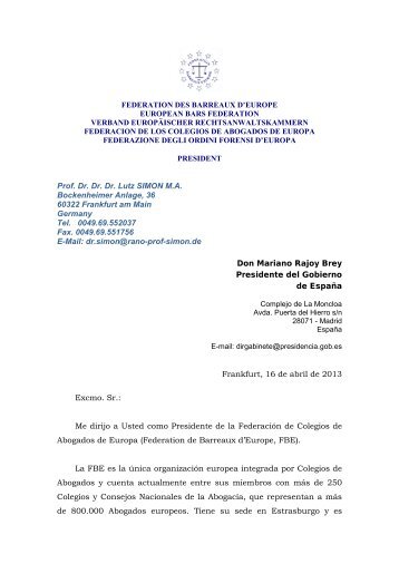 Carta del Presidente a Rajoy tasas judiciales - Fédération des ...