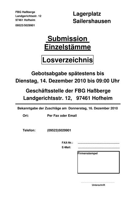 Losverzeichnis für - Forstbetriebsgemeinschaft Hassberge wV