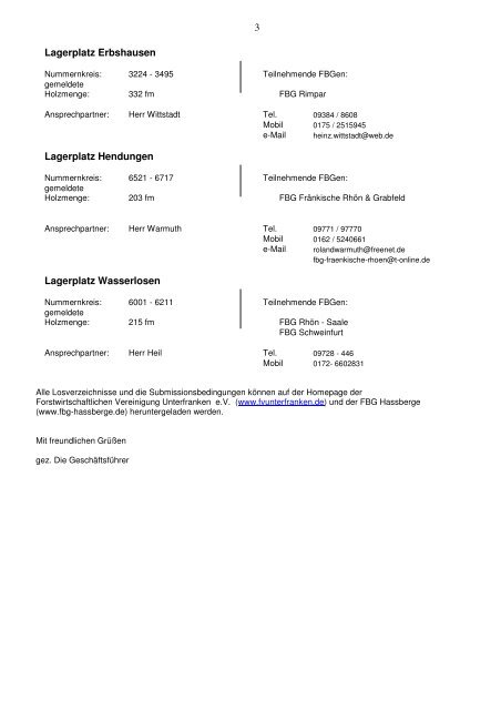 Losverzeichnis für - Forstbetriebsgemeinschaft Hassberge wV