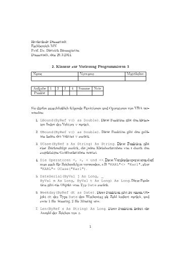 2. Klausur zur Vorlesung Programmieren 3 - Hochschule Darmstadt