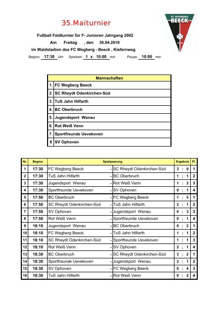 Turnierplan U8 2010 - FC Wegberg-Beeck 1920 e.V.