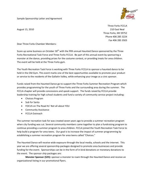 Sample Sponsorship Letter and Agreement Three Forks FCCLA ...