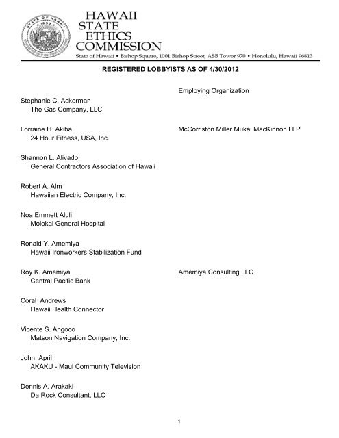 Registered Lobbyists as of April 30, 2012 - State of Hawaii