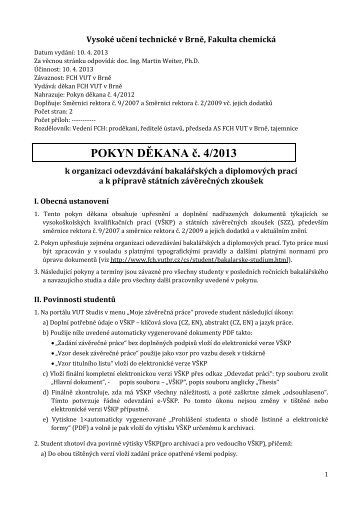 POKYN DĚKANA č. 4/2013 - Fakulta chemická - Vysoké učení ...