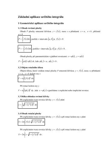 Základní aplikace určitého integrálu