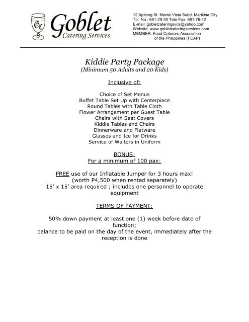 Kiddie Party Package - Goblet Catering Services