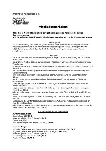 Mitgliedermerkblatt - Angelverein Mainparksee ev