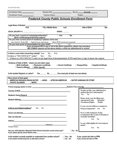 Enrollment Form - Frederick County Public Schools