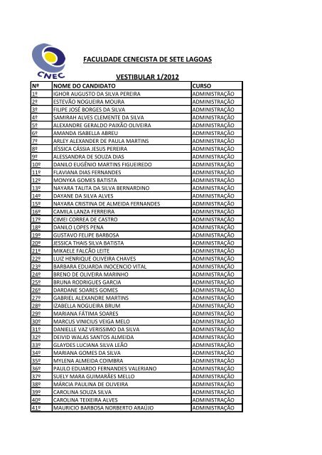 faculdade cenecista de sete lagoas vestibular 1/2012 - Fcsl.edu.br