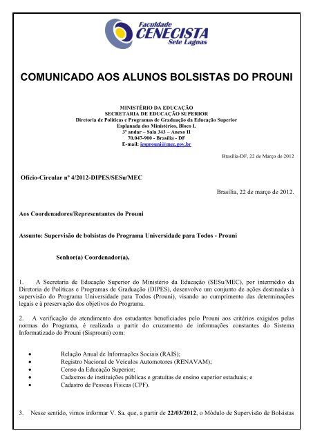 COMUNICADO AOS ALUNOS BOLSISTAS DO PROUNI - Fcsl.edu.br