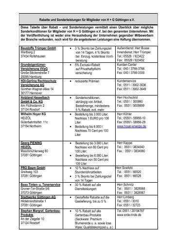 Rabatte und Sonderleistungen für Mitglieder ... - H+G Göttingen eV