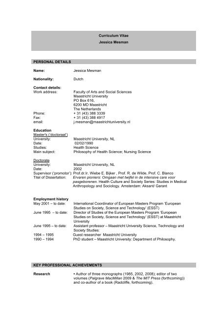 Curriculum Vitae Summary Pdf Maastricht University