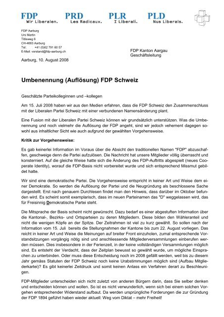 Brief der FDP Aarburg an die Kantonalpartei (PDF)