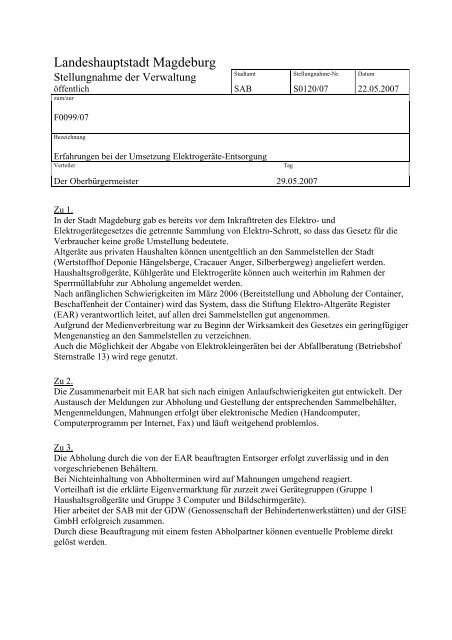 Stellungnahme - Vorlage S0120/07 - FDP Kreisverband Magdeburg