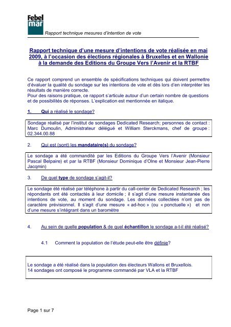 Fiche technique, sondage politique mai 2009 - Febelmar