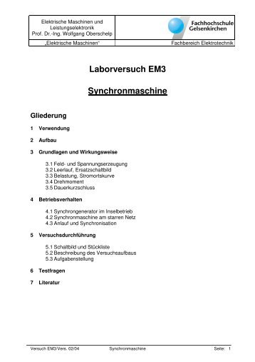 4.2 Synchronmaschine am starren Netz - Elektrotechnik